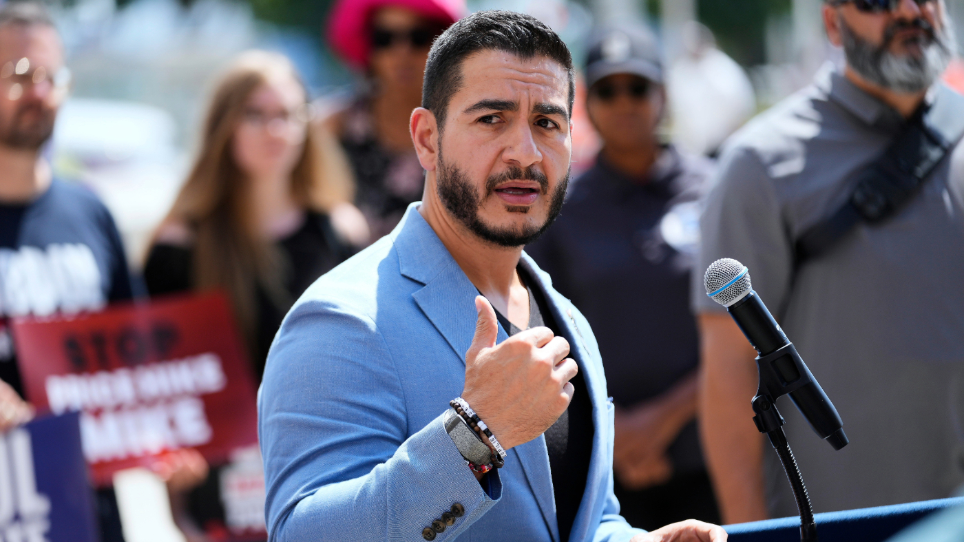 Democratic nominee for U.S. Senate Abdul El-Sayed speaks at a news conference at the base of the Spirit of Detroit monument in Detroit, Wednesday, Aug. 19, 2026. (AP Photo/Paul Sancya)