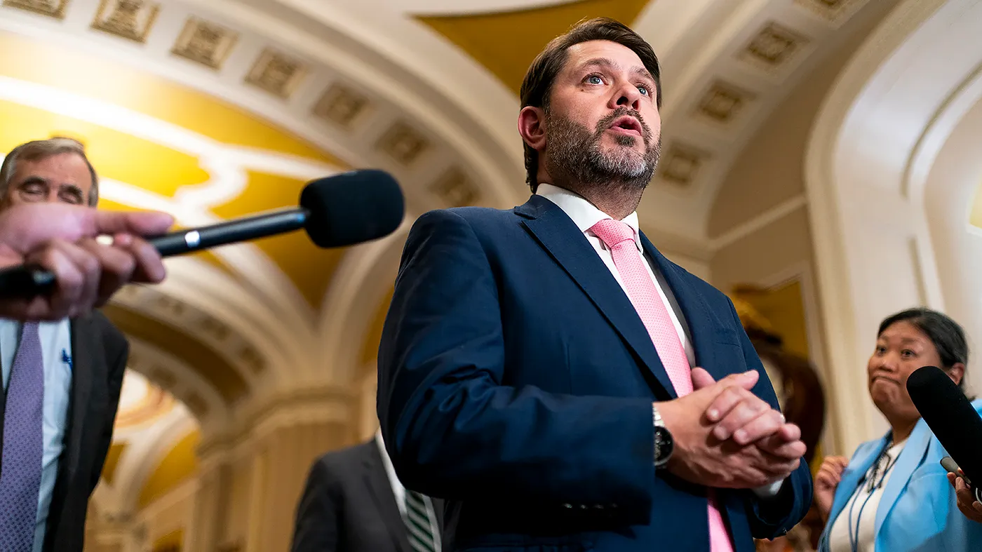Sen. Ruben Gallego (D-Ariz.) addresses reporters outside the Senate Chamber on Wednesday, July 22, 2026, to discuss Senate Democrat’s efforts to prevent President Trump from subverting the mid-term elections in the fall.