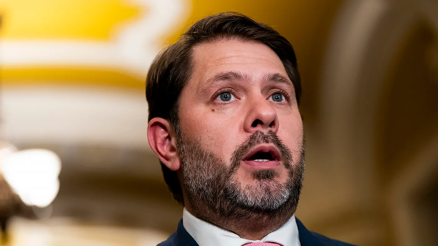 Sen. Ruben Gallego (D-Ariz.) addresses reporters outside the Senate Chamber on July 22, 2026, to discuss Senate Democrat’s efforts to prevent President Trump from subverting the mid-term elections in the fall.