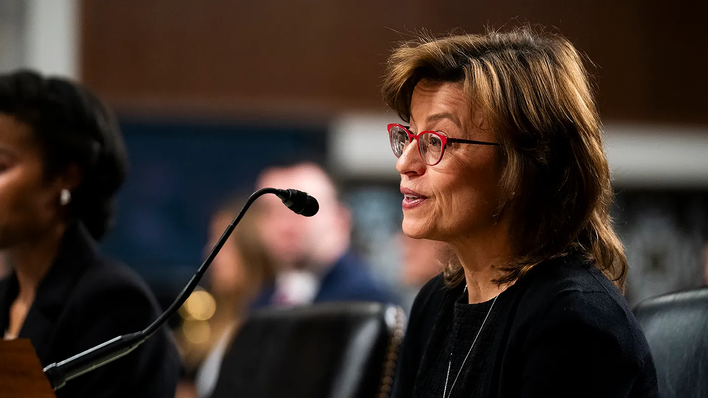 Federal Communications Commission (FCC) Commissioner Anna M. Gomez answers a question during a Senate Commerce, Science, and Transportation Committee oversight hearing of the FCC on Dec. 17, 2025.
