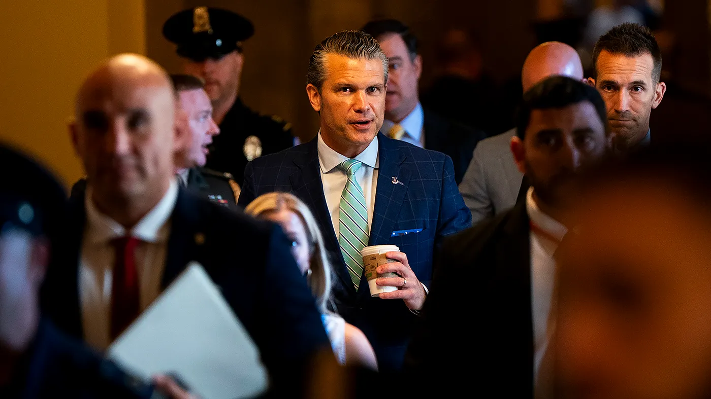 Defense Secretary Pete Hegseth leaves a meeting with Majority Leader John Thune (R-S.D.) at the U.S. Capitol in Washington, D.C., on August 4, 2026.