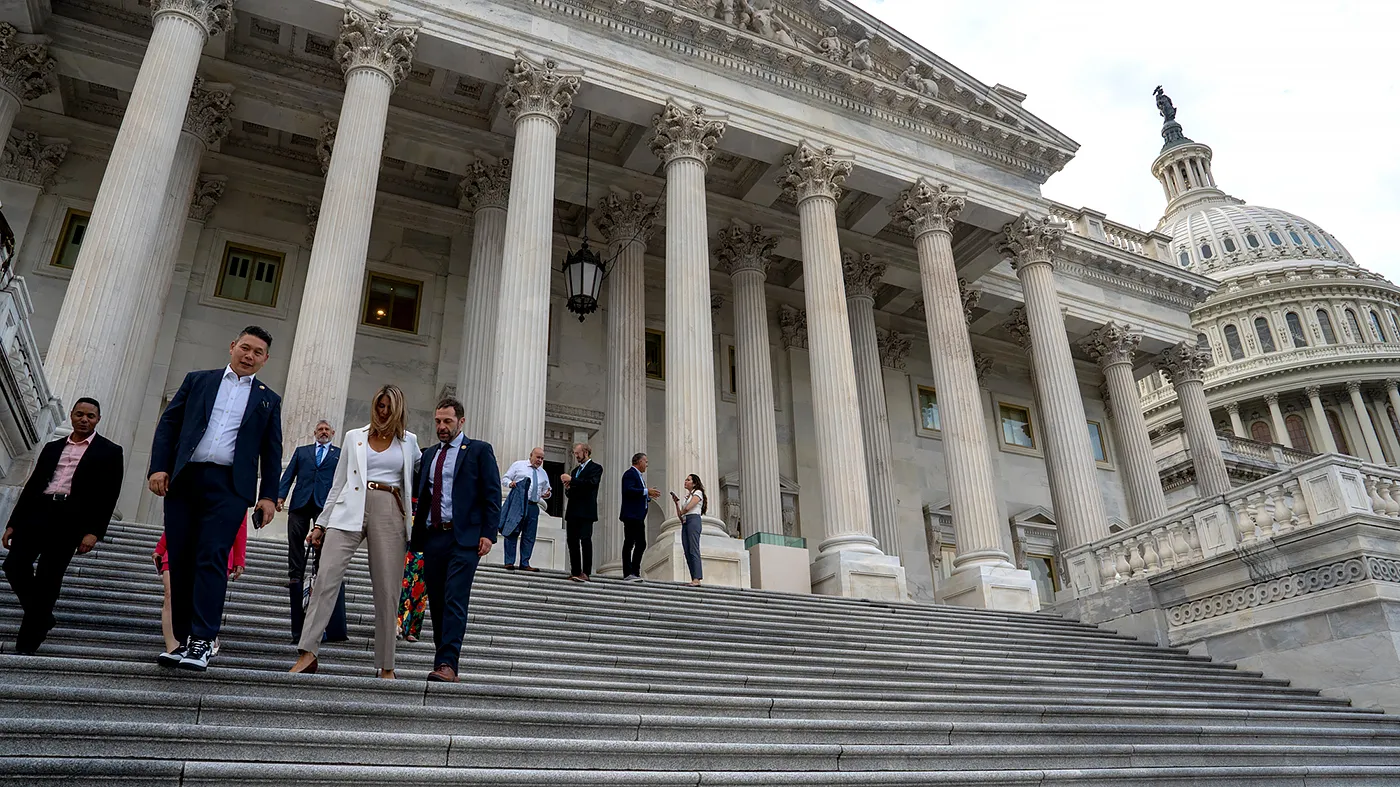 Representatives leave the House Chamber following a vote at the U.S. Capitol in Washington, D.C., on Aug. 31, 2026.