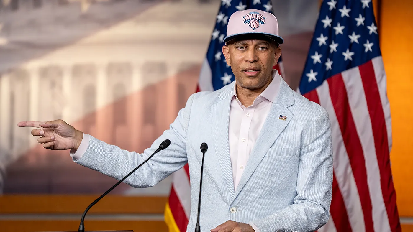House Minority Leader Hakeem Jeffries (D-N.Y.) discusses affordability and foreign policy during a press conference at the Capitol on June 8, 2026.