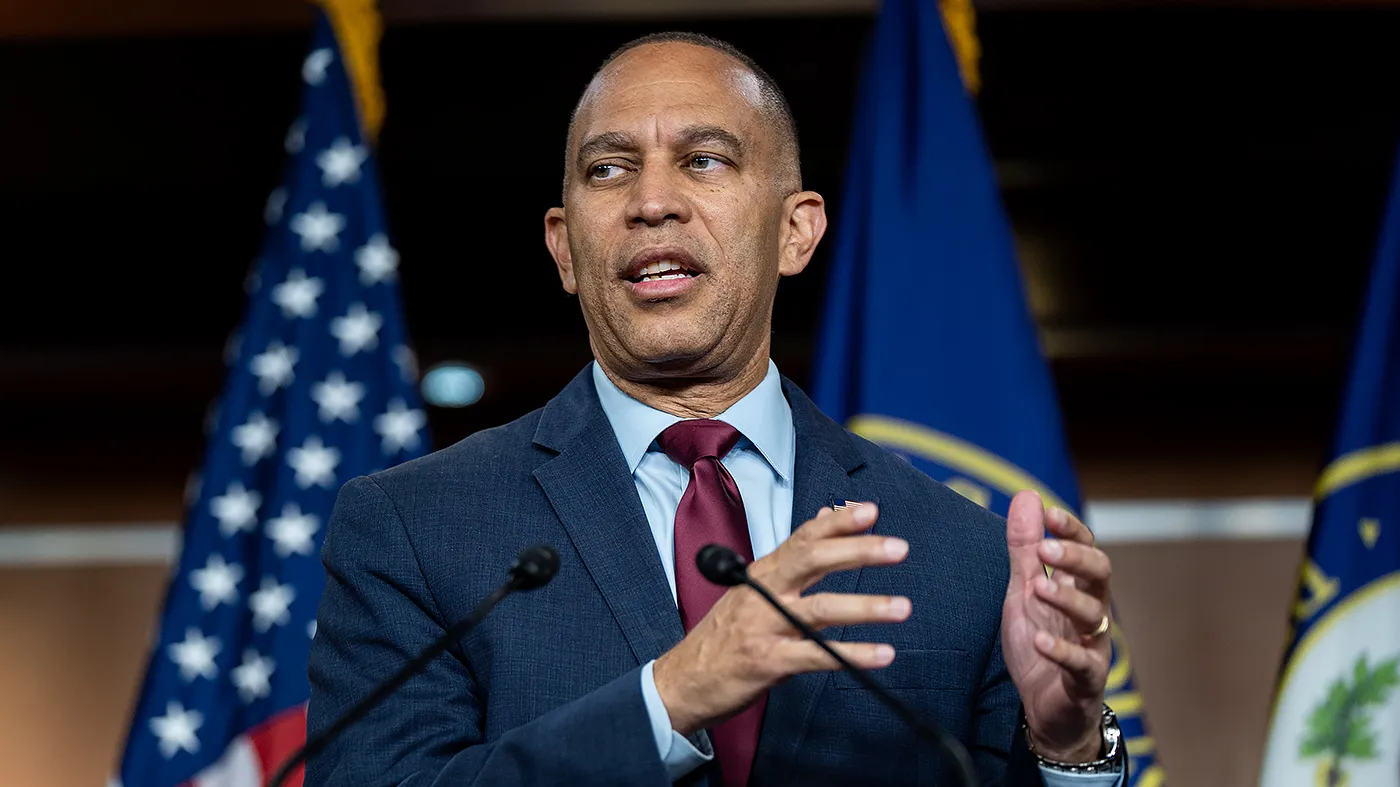 Minority Leader Hakeem Jeffries (D-N.Y.) addresses reporters at a press conference after the last vote of the week at the U.S. Capitol in Washington, D.C., on Thursday, July 23, 2026.