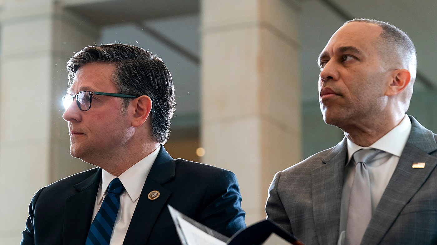 Speaker Mike Johnson (R-La.) and House Minority Leader Hakeem Jeffries (D-N.Y.) arrive for a Days of Remembrance ceremony and Congressional Gold Medal presentation posthumously to Benjamin Ferencz on April 14, 2026, at the U.S. Capitol in Washington, D.C.