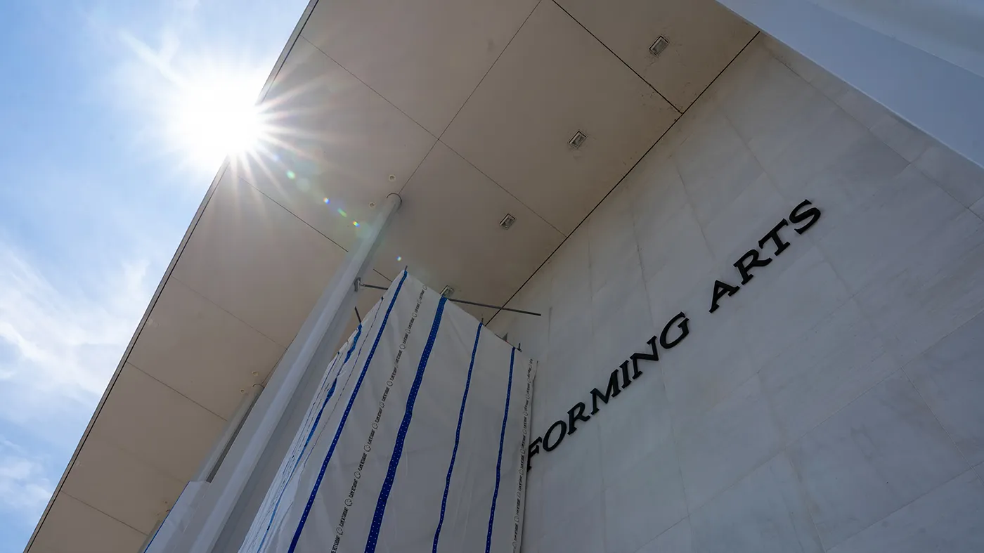 The Kennedy Center is adorned with scaffolding to cover the name of the building while a dispute over the renaming of the building is ongoing in Washington, D.C., on Wednesday, August 26, 2026.