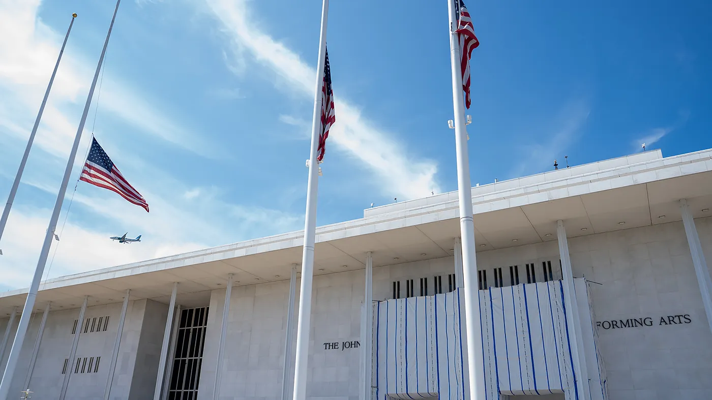 The Kennedy Center is adorned with scaffolding to cover the name of the building while a dispute over the renaming of the building is ongoing in Washington, D.C., on Wednesday, August 26, 2026.