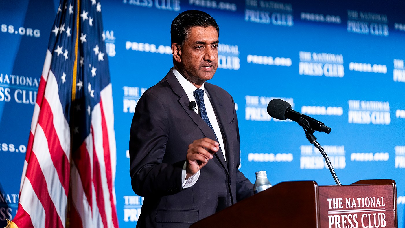 Rep. Ro Khanna (D-Calif.) gives remarks during a “Newsmakers” event at the National Press Club in Washington, D.C., on Tuesday, April 14, 2026.