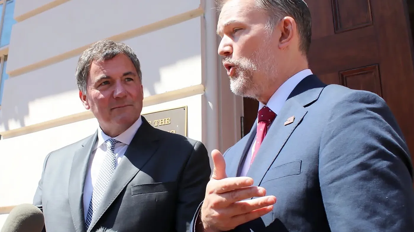 Canada-U.S. Trade Minister Dominic LeBlanc, left, and United States Trade Representative Jamieson Greer, speak to reporters in Washington, D.C., on Wednesday, Aug. 19, 2026, the day after the Trump administration temporarily delayed tariffs on Canada. (Kelly Geraldine Malone/The Canadian Press via AP)