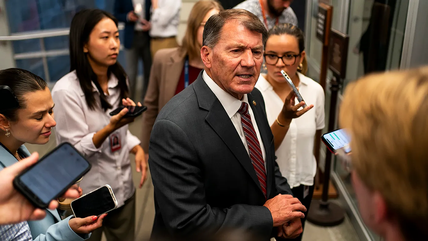 Sen. Mike Rounds (R-S.D.) speaks to reporters as he leaves the Capitol following a series of nomination votes on August 5, 2026.