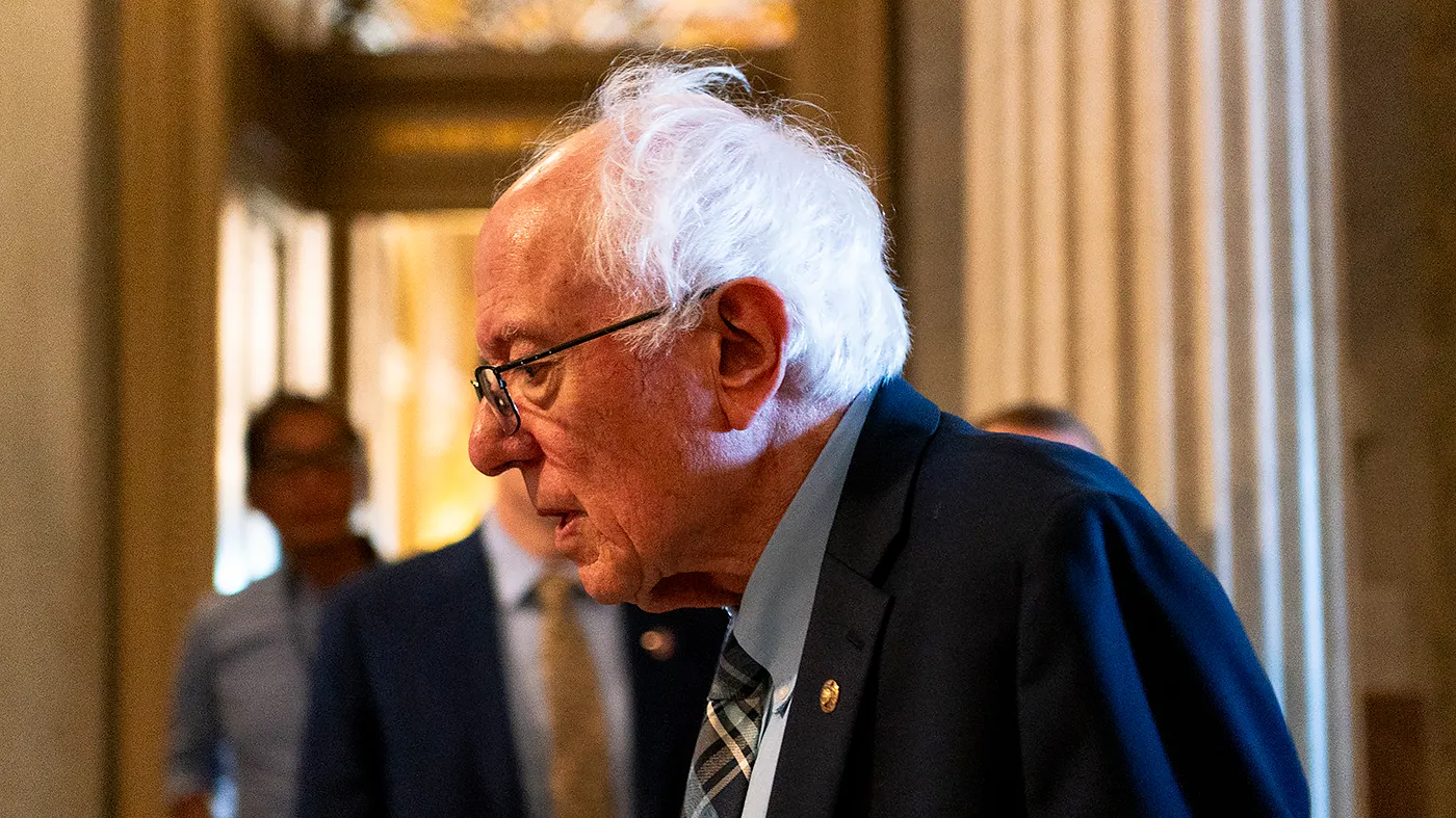 Sen. Bernie Sanders (I-Vt.) arrives to the Senate Chamber on Aug. 7, 2026, for a series of votes including a nominations package, Russian sanctions, and a continuing resolution to fund the government until Dec. 11.