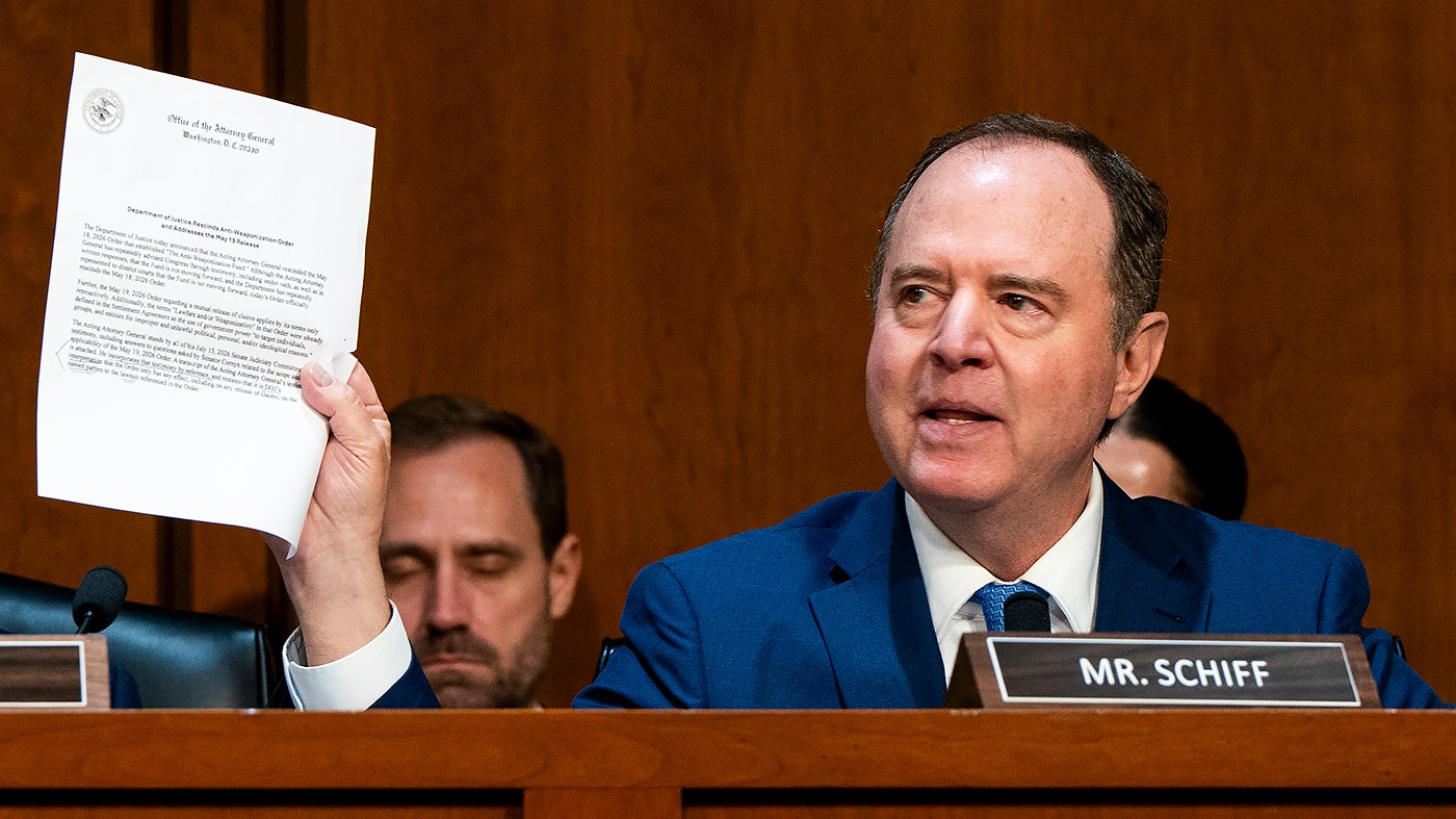 Sen. Adam Schiff (D-Calif.) displays a document during a Senate Judiciary Committee business meeting to discuss the nomination of Todd Blanche to be Attorney General on Tuesday, August 4, 2026.