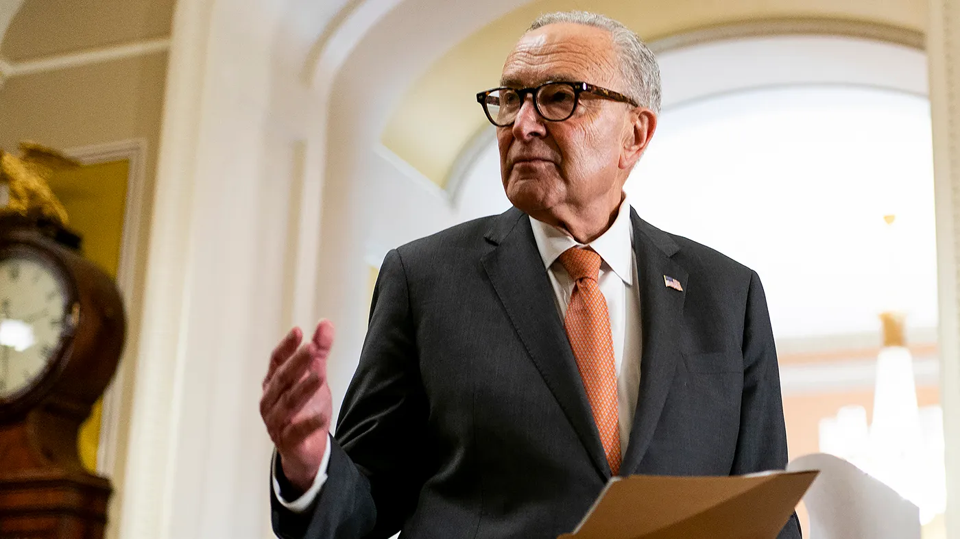 Minority Leader Charles Schumer (D-N.Y.) is seen during a press conference following the weekly policy luncheon on Wednesday, July 29, 2026.