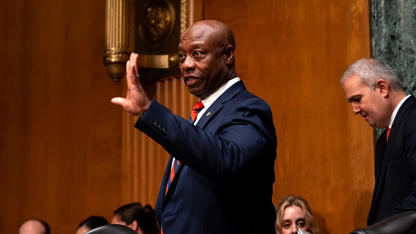 Senate Banking Committee Chair Tim Scott (R-S.C.) arrives for a hearing to discuss the Consumer Financial Protection Bureau semiannual report to Congress at the U.S. Capitol in Washington, D.C., on July 16, 2026.