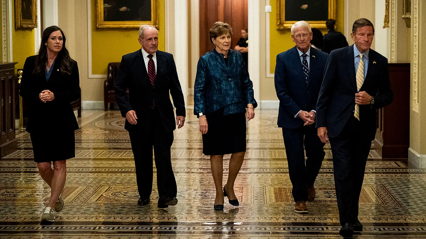 Sens. Katie Britt (R-Ala.), Jim Risch (R-Idaho), Jeanne Shaheen (D-N.H.), Roger Wicker (R-Miss.) and Richard Blumenthal (D-Conn.) are seen before a meeting with Ukrainian President Volodymyr Zelensky and Senators to discuss the Lindsey O. Graham Sanctioning Russia and Iran Act at the U.S. Capitol in Washington, D.C., on Tuesday, July 28, 2026.