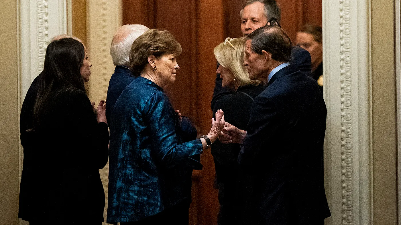 Sen. Jeanne Shaheen (D-N.H.) speaks with Sen. Richard Blumenthal (D-Conn.) before a meeting with Ukrainian President Volodymyr Zelensky and Senators to discuss the Lindsey O. Graham Sanctioning Russia and Iran Act at the U.S. Capitol in Washington, D.C., on Tuesday, July 28, 2026.