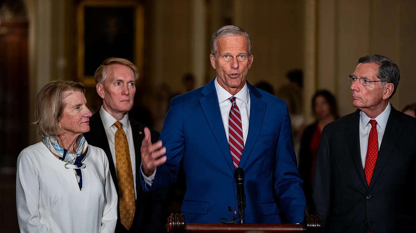 Majority Leader John Thune (R-S.D.) addresses reporters while joined by Sen. Shelly Moore Capito (R-W.V.), Sen. James Lankford (R-Okla.), and Sen. John Barrasso (R-Wyoming.) at a press conference after luncheons at the U.S. Capitol in Washington, D.C., on Tuesday, August 4, 2026.