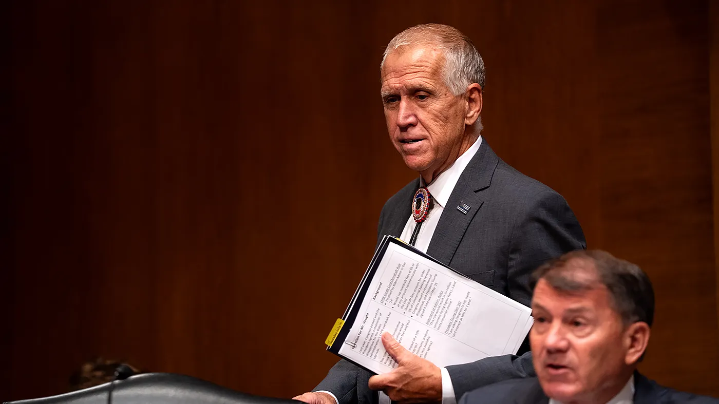 Sen. Thom Tillis (R-N.C.) arrives to a Senate Banking, Housing, and Urban Affairs Committee hearing to discuss the Consumer Financial Protection Bureau (CFPB) semi-annual report to Congress at the U.S. Capitol in Washington, D.C., on July 16, 2026.
