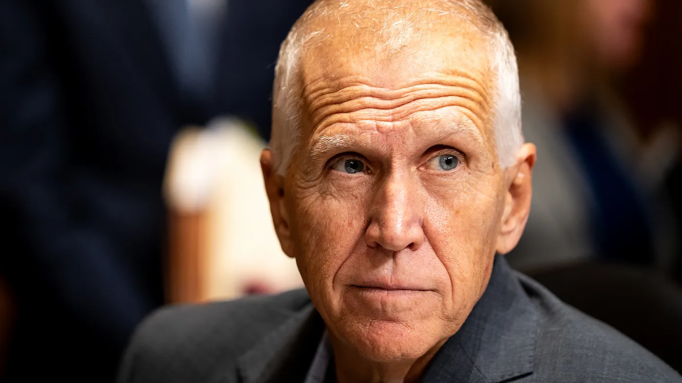 Sen. Thom Tillis (R-N.C.) is seen during the Senate Finance Committee meeting to consider the Taxpayer Assistance and Service Act at the Capitol in Washington on July 30, 2026.
