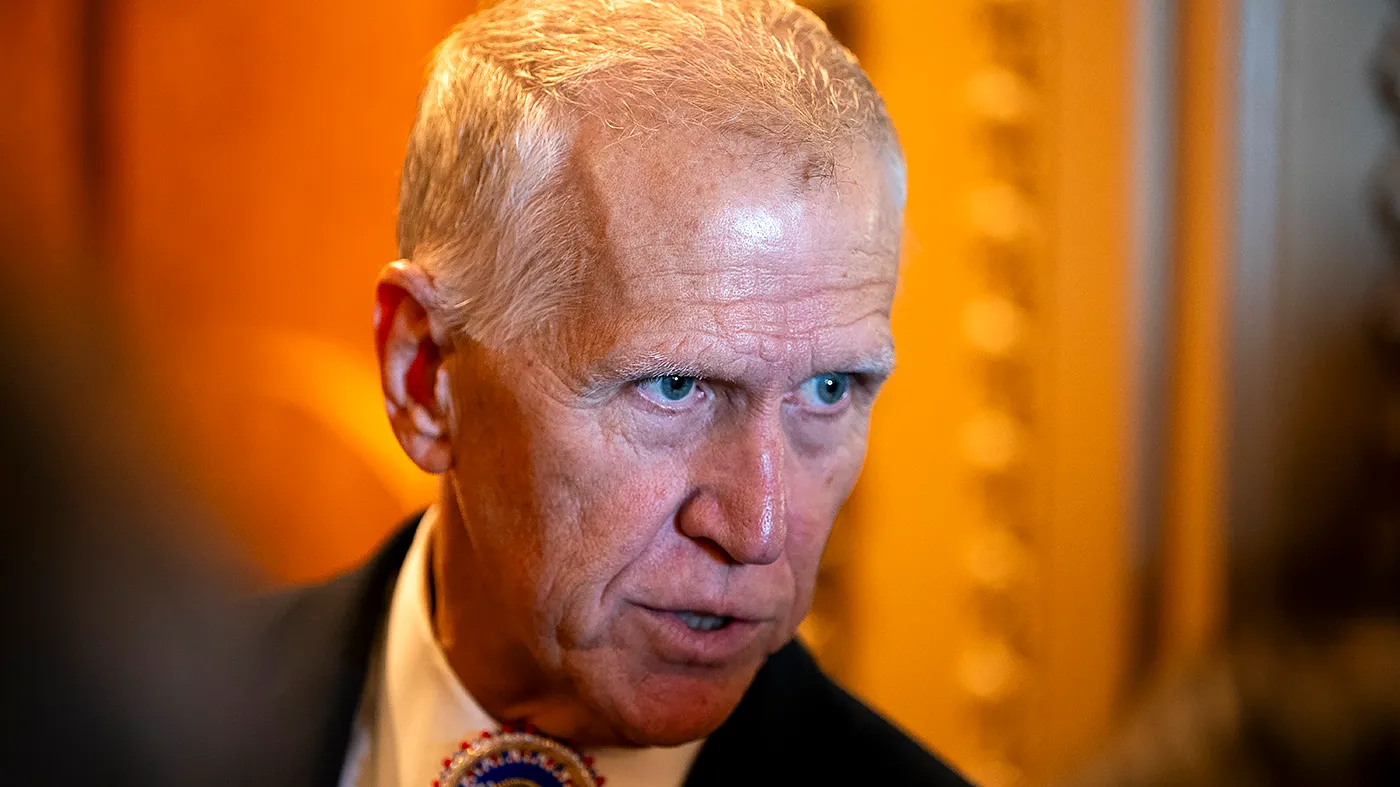 Sen. Thom Tillis (R-N.C.) speaks to reporters as he arrives to the Senate Chamber on Friday, August 7, 2026, for a series of votes including a nominations package, Russian sanctions, and a continuing resolution to fund the government until Dec. 11.