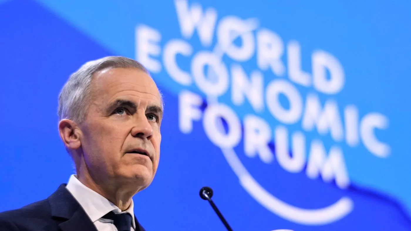 Canada’s Prime Minister Mark Carney speaks during the Annual Meeting of the World Economic Forum in Davos, Switzerland, on Jan. 20, 2026.
