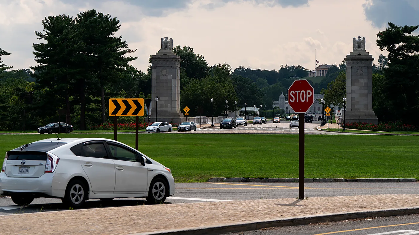 The site of President Trump’s proposed 250-foot-tall Triumphal Arch outside Alington Cemetery in Arlington, Va., is seen on Monday, August 10, 2026.