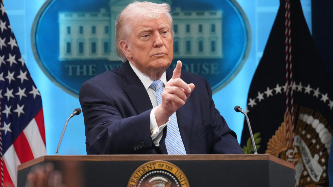 President Trump speaks with reporters during a news conference in the James Brady Press Briefing Room at the White House, April 6, 2026, in Washington.