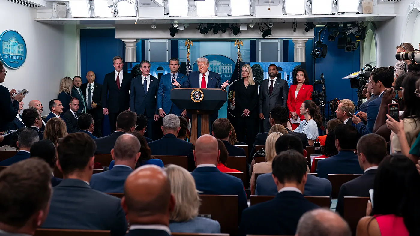 President Trump addresses reporters during a press conference in the briefing room at the White House in Washington, D.C., where he addressed crime and violence in the city on Monday, August 11, 2025.