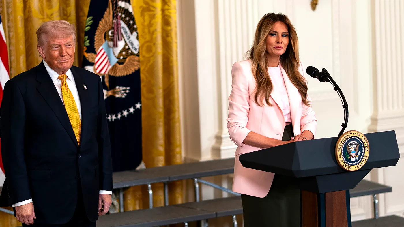 First lady Melania Trump speaks during an event to honor America’s military mothers in the East Room of the White House in Washington, D.C., on May 6, 2026.