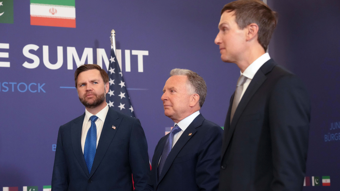 U.S. Vice President JD Vance, left, waits, alongside U.S. President Donald Trump’s envoys Steve Witkoff, center, and Jared Kushner, right, to meet with Pakistan’s Prime Minister Shehbaz Sharif for high-level talks aimed at advancing a deal to end the Middle East conflict, at the Bürgenstock Resort in Obbuergen, near Lucerne, in Switzerland, Sunday, June 21, 2026. (Nathan Howard/Pool Photo via AP)