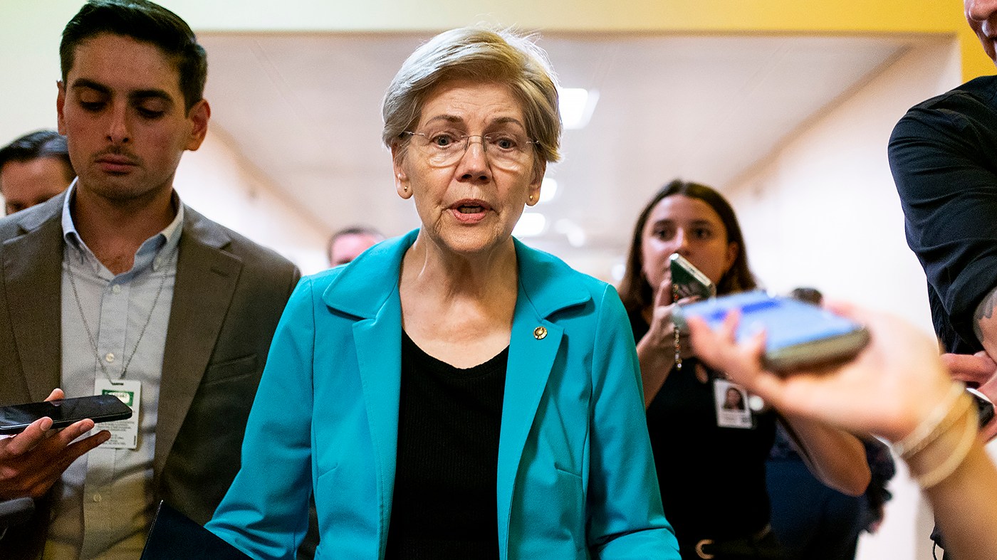 Sen. Elizabeth Warren (D-Mass.) speaks to reporters as she arrives to the Capitol for a series of votes regarding nominations on Wednesday, July 22, 2026.