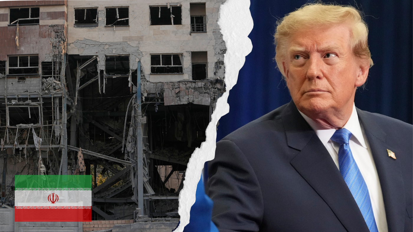 Ruins in Tehran, Iran after a U.S. strike. President Donald Trump (AP Photo/Vahid Salemi/Illustration/Mark Schiefelbein)