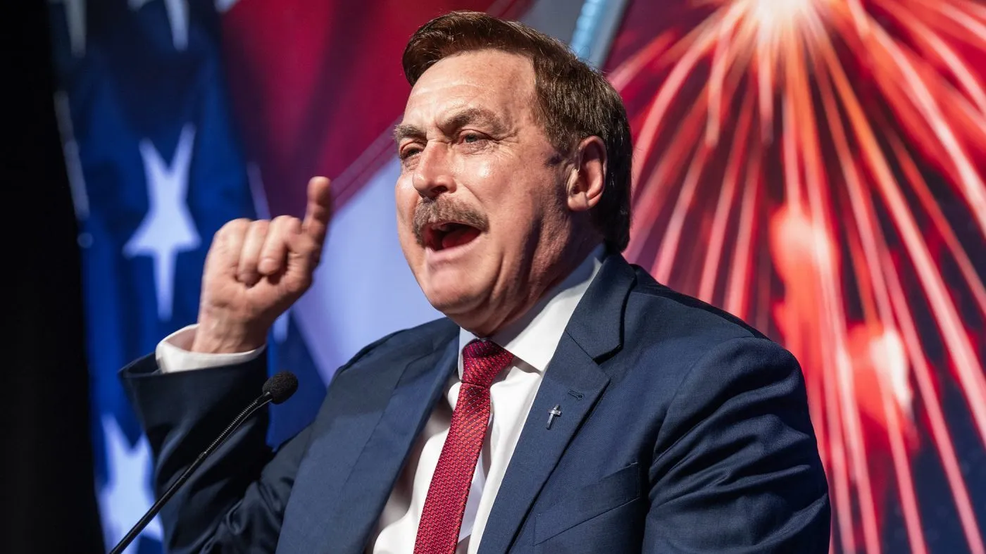 Gubernatorial candidate Mike Lindell makes his case for the GOP nomination during the second day of the Minnesota Republican state convention at the Duluth Entertainment Convention Center in Duluth, Minn., on May 30, 2026.