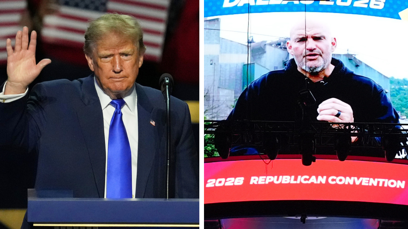 President Trump and Sen. John Fetterman (D-Pa.) at GOP midterm convention in Dallas. (AP Photo/Tony Gutierrez)