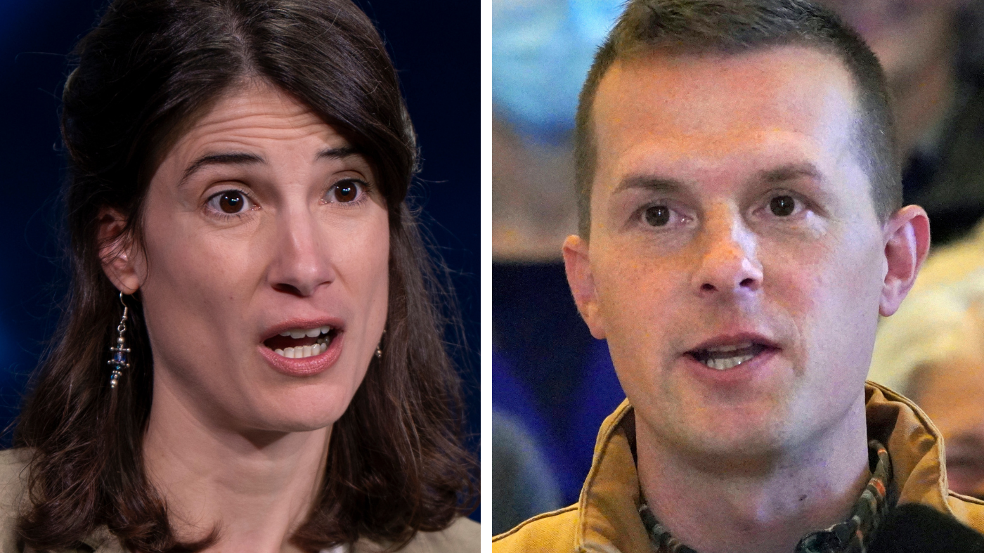 Reps. Marie Gluesenkamp Pérez (D-Wash.) and Jared Golden (D-Maine). (AP Photo/Jenny Kane/Robert F. Bukaty, File)