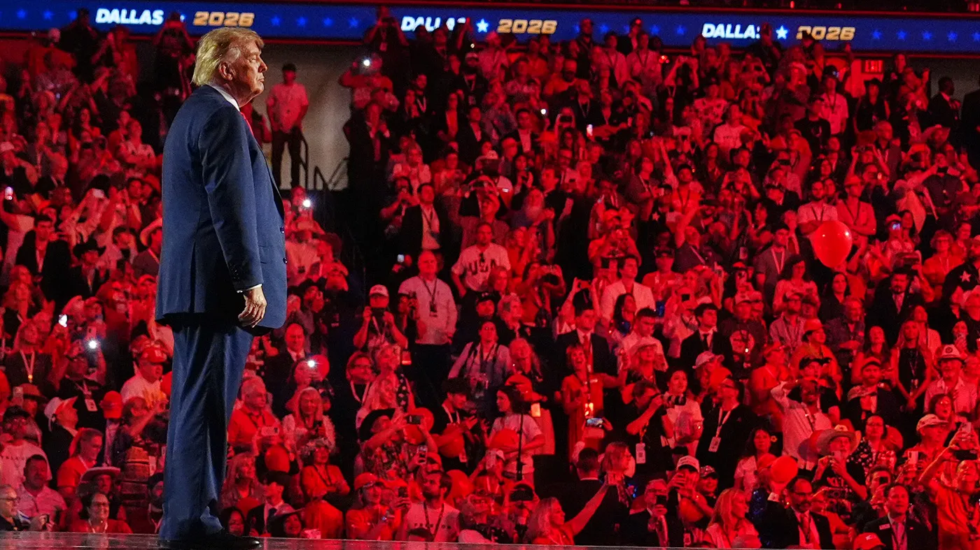 President Trump stands on stage after speaking at the Republican convention, Sept. 10, 2026, in Dallas.