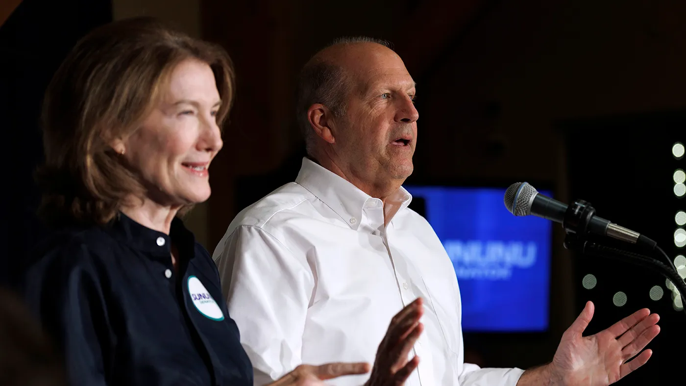 New Hampshire Republican Senate candidate John Sununu accompanied by wife Kitty, addresses supporters at his primary election night watch party on Sept. 8, 2026, in Manchester, N.H.