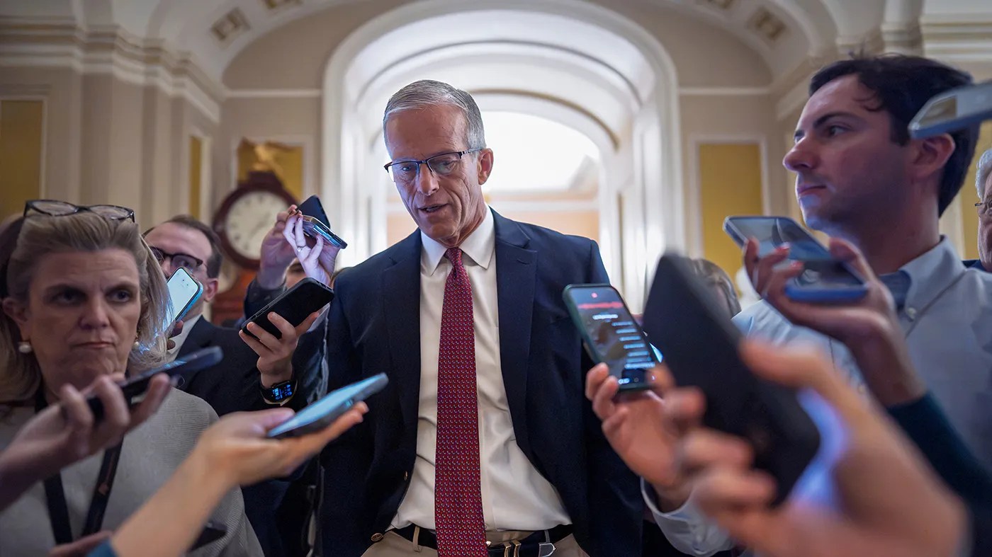 Senate Majority Leader John Thune (R-S.D.) responds to reporters asking about the midterms as he arrives at the chamber for a vote at the Capitol in Washington, on Sept. 24, 2026.