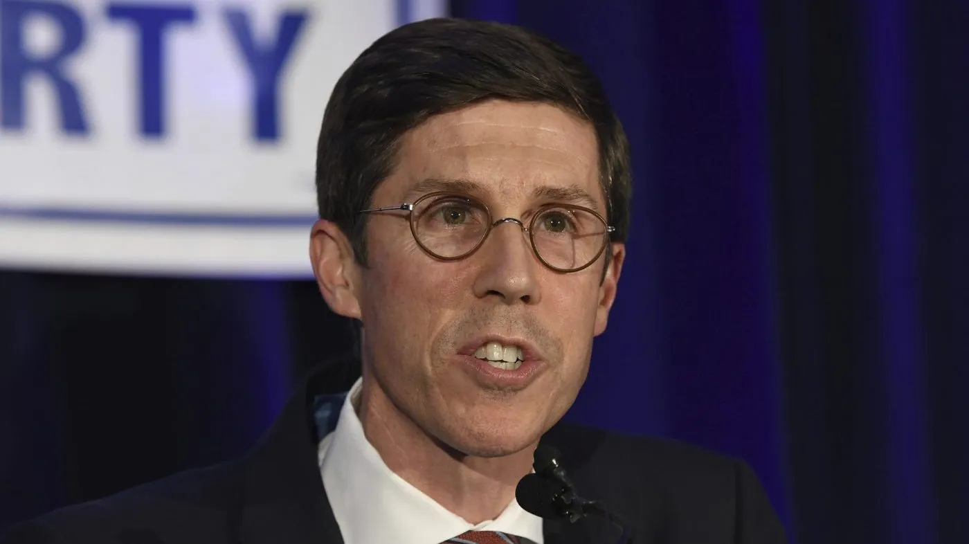 City of Providence Mayor Elect Brett Smiley gives his speech during an election night gathering of Rhode Island Democratic candidates and supporters, Tuesday Nov. 8, 2022, in Providence. (AP Photo/Mark Stockwell)
