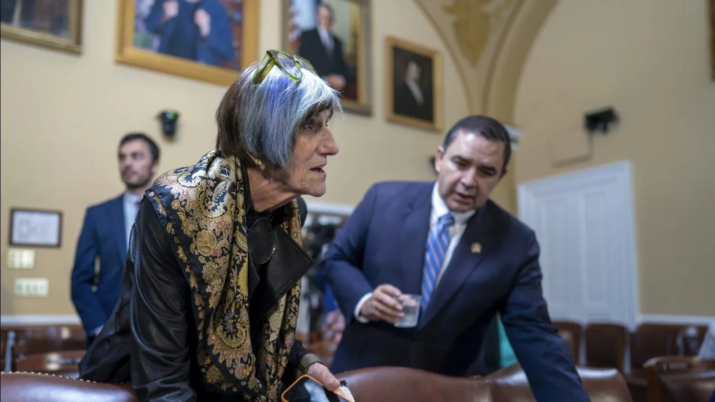 Rep. Rosa DeLauro (D-Conn.) the ranking member of the House Appropriations Committee, left; and Rep. Henry Cuellar (D-Texas), a member of the House Appropriations Committee, arrive as the House Rules Committee meets to prepare spending bills to fund the government and avert a shutdown, at the Capitol in Washington on Sept. 22, 2023.