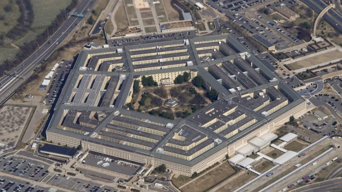 The Pentagon is seen from Air Force One as it flies over Washington, March 2, 2022. (Patrick Semansky, Associated Press file)
