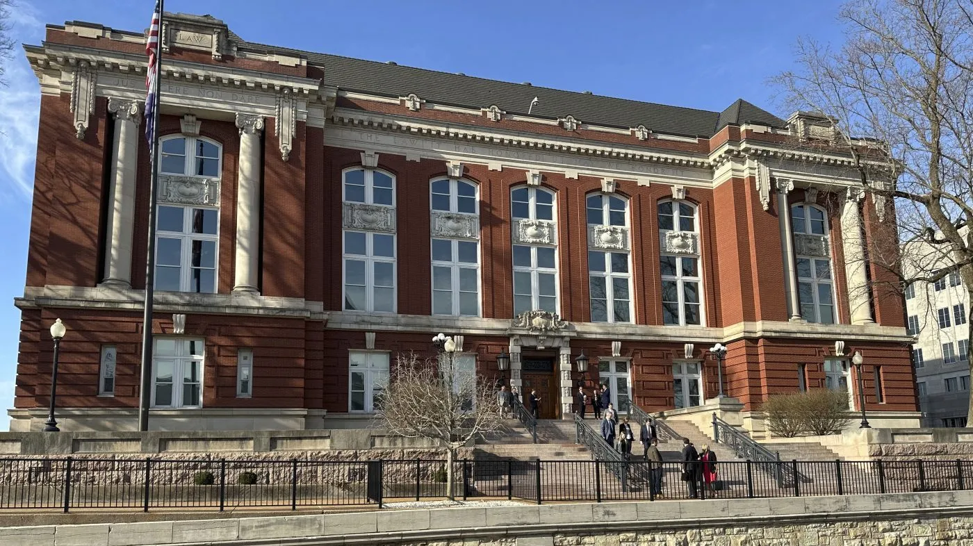 People gather outside the Missouri Supreme Court building on March 12, 2025, in Jefferson City, Mo.