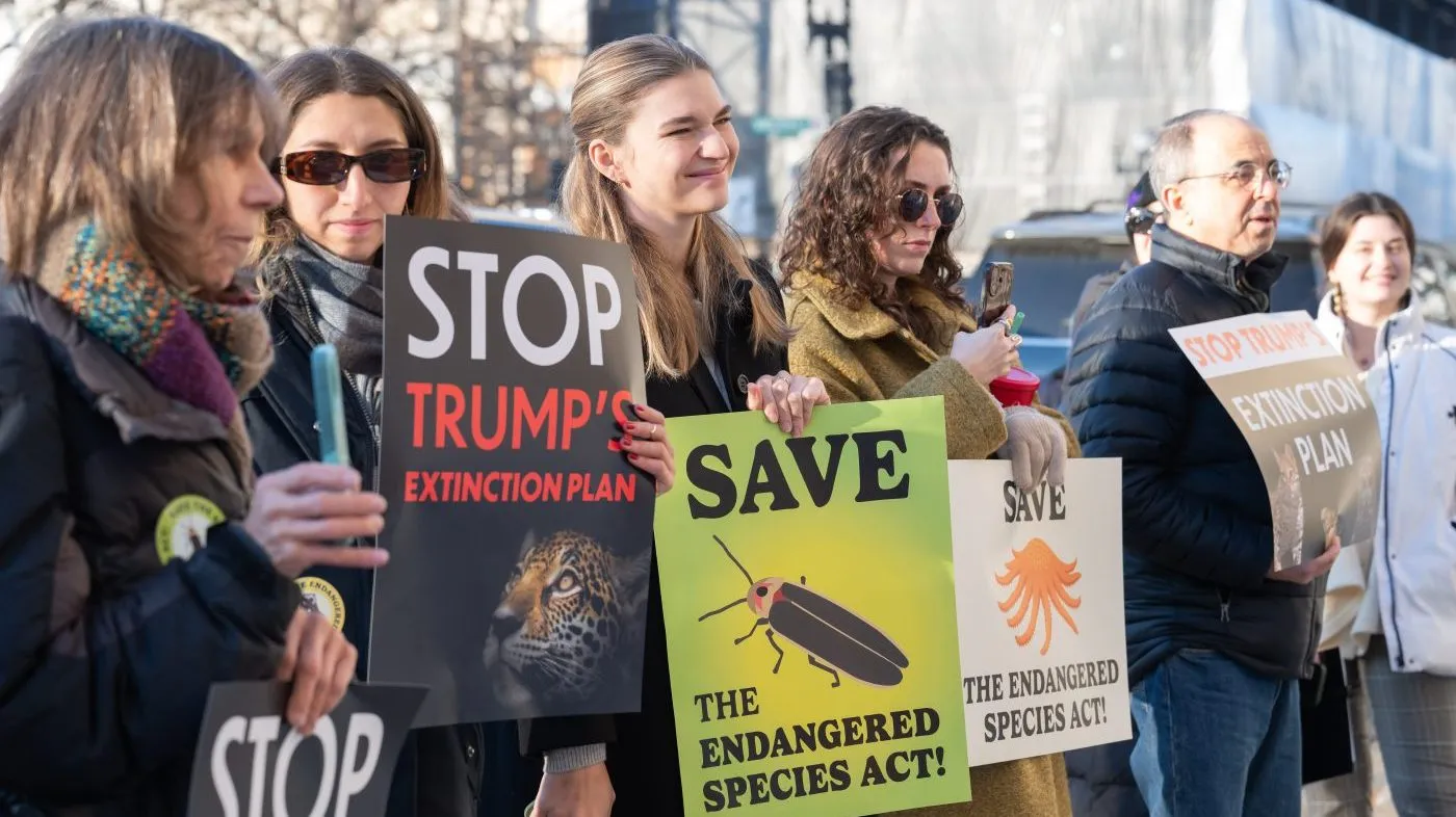 IMAGE DISTRIBUTED FOR CENTER FOR BIOLOGICAL DIVERSITY – Attendees at an Endangered Species Act rally outside of the Department of the Interior on Thursday, Dec. 18th 2025, in Washington. The Center for Biological Diversity, Endangered Species Coalition, Sierra Club, American Bird Conservancy, Chesapeake Climate Action Network, and Oceana organized the event to highlight the hundreds of thousands of public comments that have been submitted in opposition to weakening the Endangered Species Act. (Joy Asico/AP Content Services for Center for Biological Diversity)