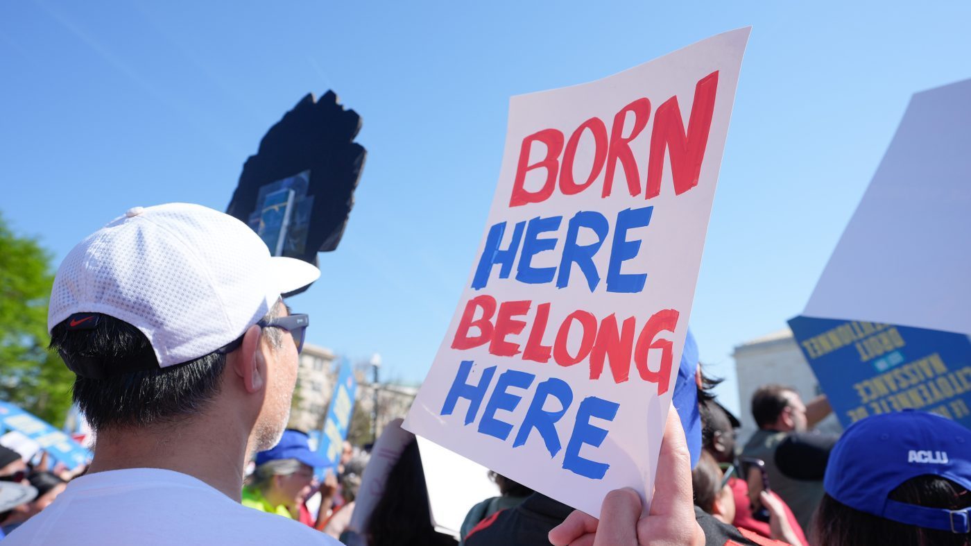 Demonstrators rally outside the U.S. Supreme Court as justices hear oral arguments on whether President Donald Trump can deny citizenship to children born to parents who are in the United States illegally or temporarily, on Capitol Hill, in Washington, Wednesday, April 1, 2026. (AP Photo/Mariam Zuhaib)
