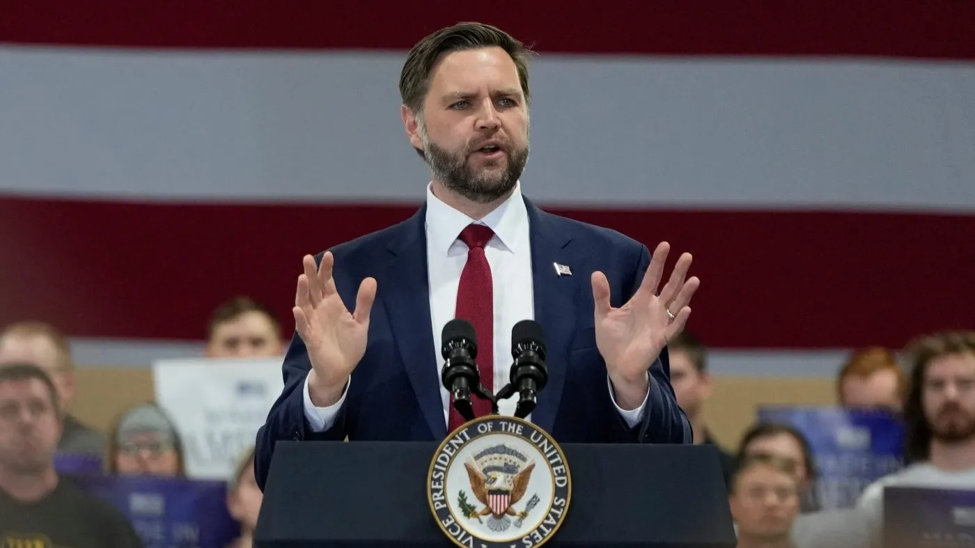 Vice President JD Vance speaks during a visit to Ex-Guard Industries, Tuesday, May 5, 2026, in Des Moines, Iowa. (AP Photo/Charlie Neibergall)