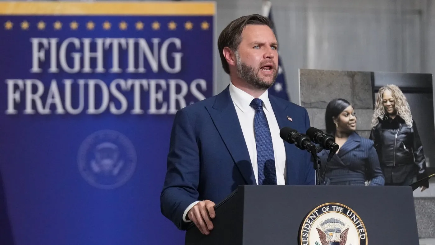 Vice President JD Vance speaks about efforts to combat fraud during an event at the Wisconsin Air National Guard facility at Milwaukee Mitchell International Airport, Wednesday, July 8, 2026, in Milwaukee. (AP Photo/Mark Schiefelbein, Pool)