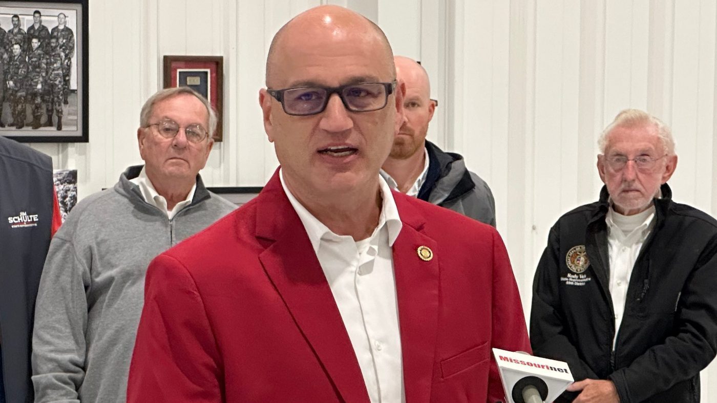 Denny Hoskins, Missouri’s secretary of state, speaks to reporters at a campaign event on Nov. 4, 2024, inside a building at the Jefferson City Memorial Airport in Missouri. (AP Photo/David A. Lieb)
