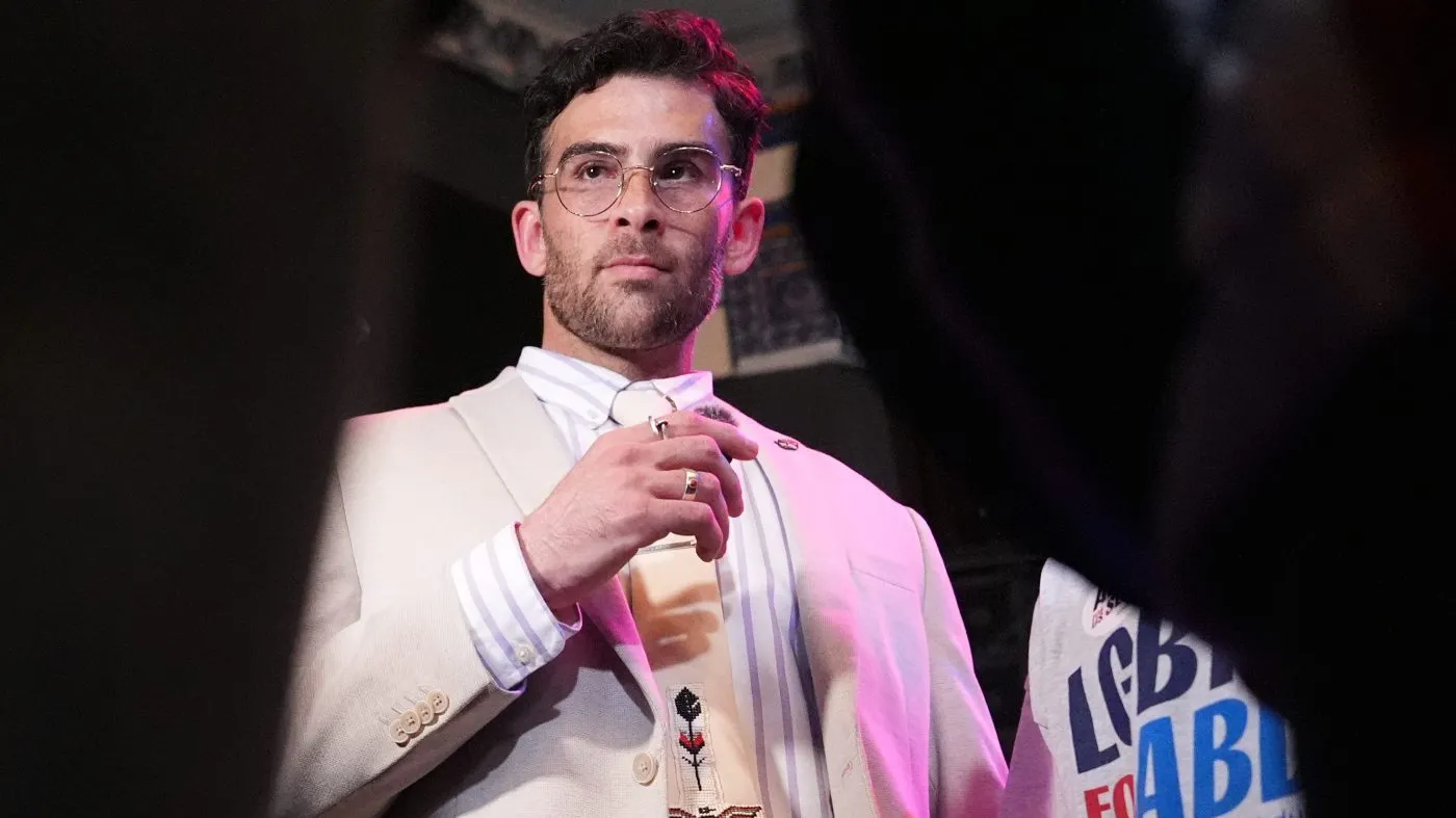Hasan Piker stands during a primary election night event for Abdul El-Sayed, a progressive candidate in the Democratic primary for U.S. Senate in Michigan, Tuesday, Aug. 4, 2026, at the Majestic Theatre in Detroit. (AP Photo/Julia Demaree Nikhinson)