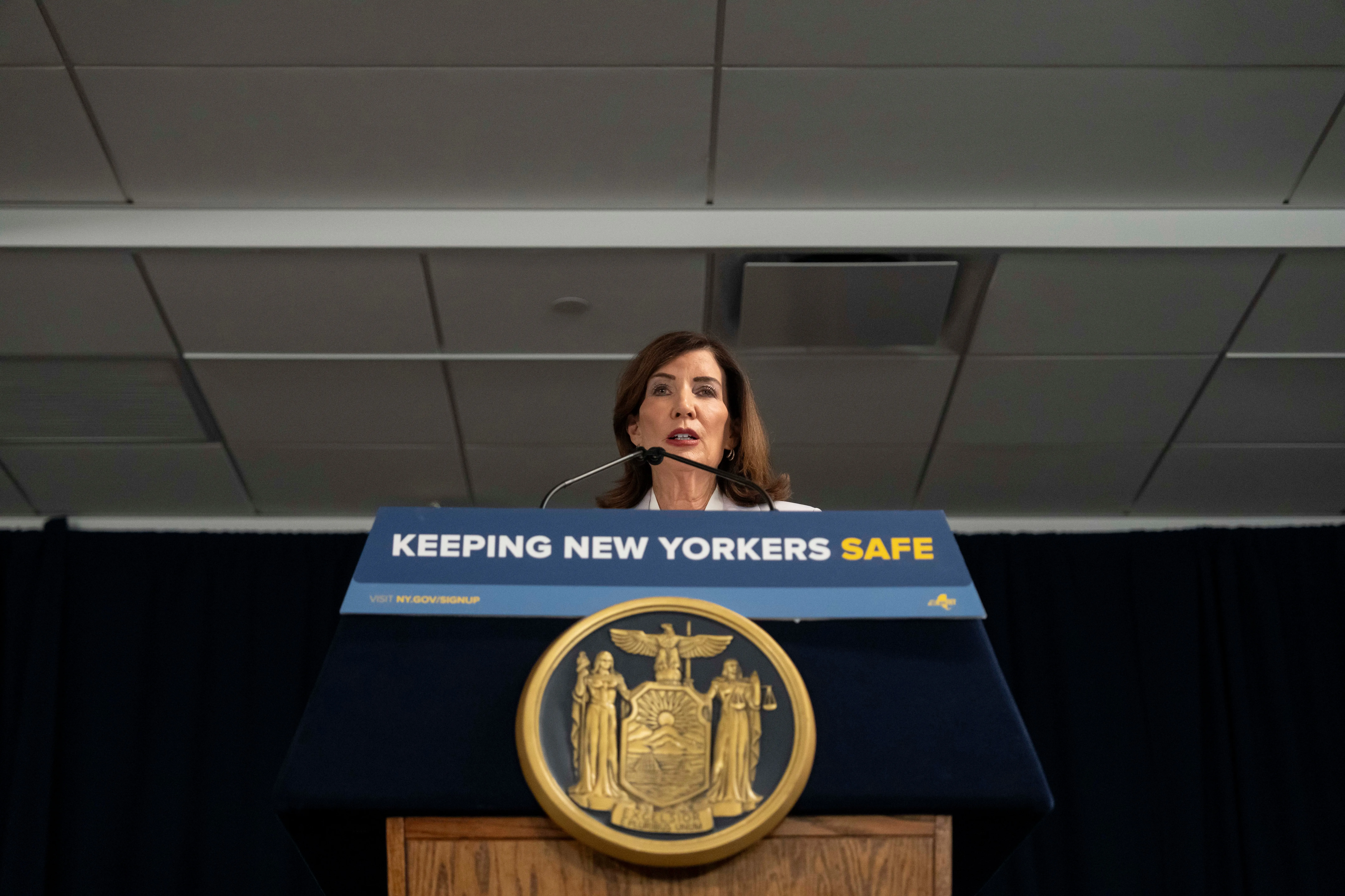 New York Governor Kathy Hochul takes part in a press conference to announce action against ICE overreach in New York, Wednesday, Aug. 12, 2026. (AP Photo/Yuki Iwamura)