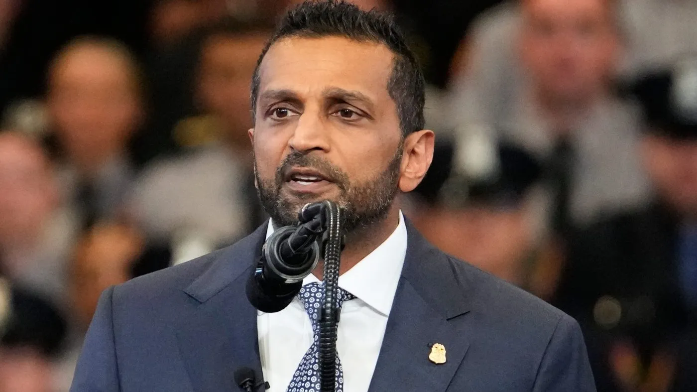 FBI director Kash Patel speaks before President Donald Trump at the David Mack Center for Training and Intelligence, Friday, Aug. 14, 2026, in Garden City, N.Y.